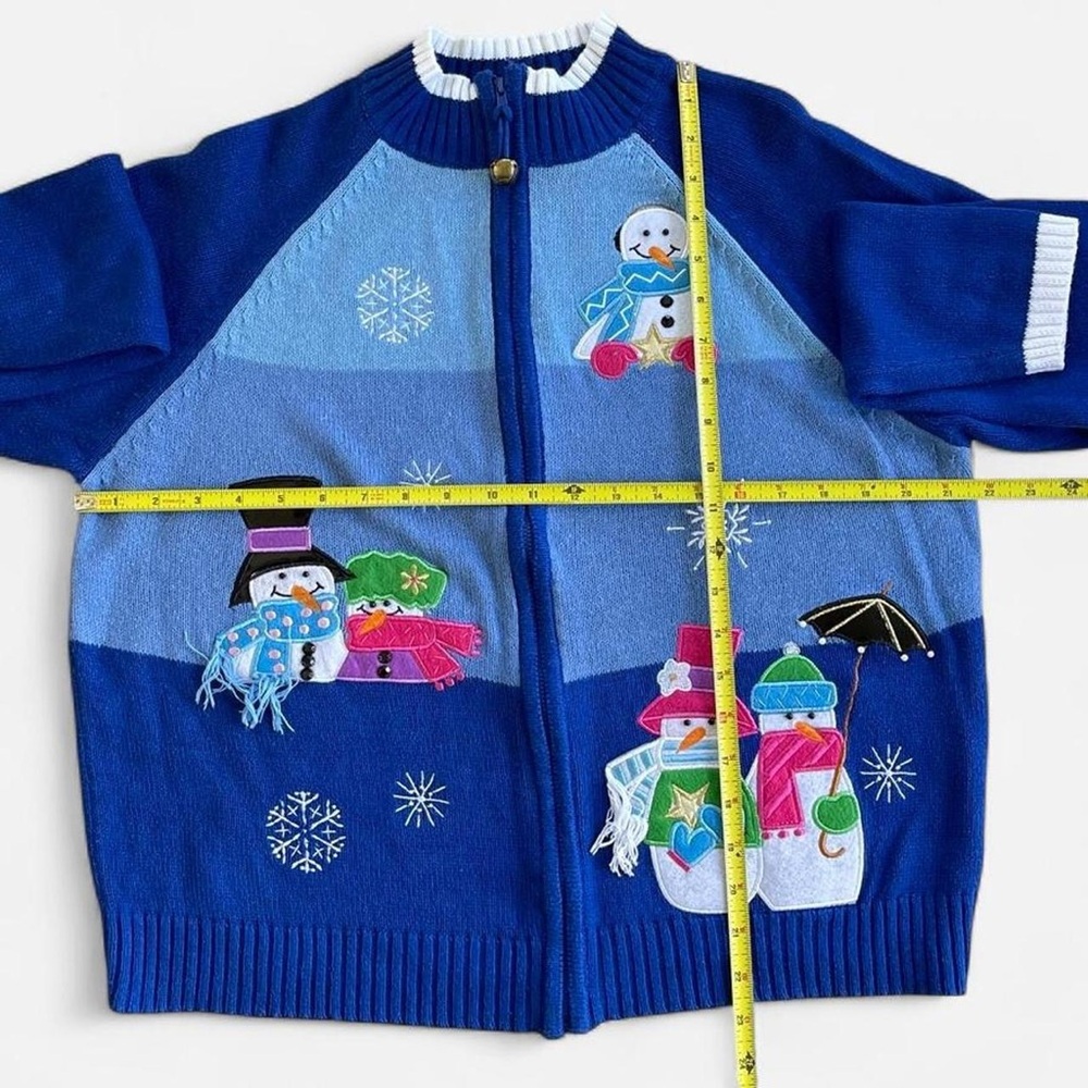 Vintage Tiara International Blue Embroidered Christmas Snowman Zippered Cardigan - Picture 4 of 7